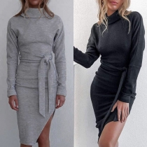 Fashion Solid Color Long Sleeve Turtleneck Slim Fit Dress