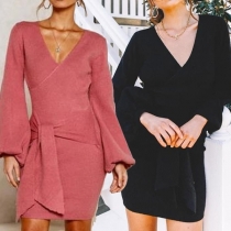 Sexy V-neck Lantern Sleeve Solid Color Lace-up Dress