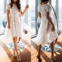 Sexy Short Sleeve Round Neck Hollow Out Lace Dress