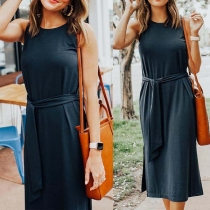 Fashion Solid Color Sleeveless Round Neck Slit Hem Dress