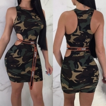 Sexy Hollow Out High Waist Camouflage Printed Dress