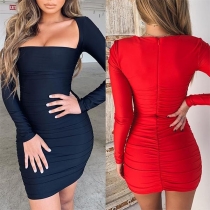 Sexy Square Collar Long Sleeve Solid Color Tight Dress
