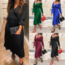 Sexy V-neck Long Sleeve Pleated Hem Solid Color Dress