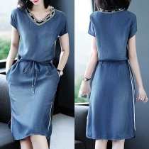 Fashion Short Sleeve V-neck Drawstring Waist Dress