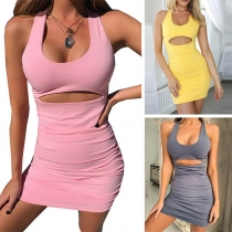 Sexy Backless Hollow Out Sleeveless Solid Color Dress