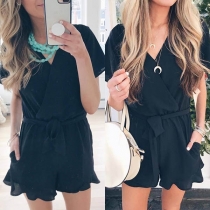 Fashion Solid Color Short Sleeve V-neck Romper 