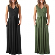 Fashion Solid Color Sleeveless V-neck High Waist Dress