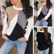 Fashion Contrast Color Long Sleeve Round Neck Sweater 