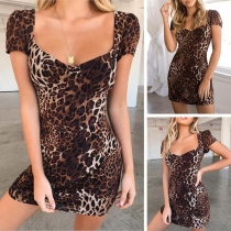 Sexy Backless Square Collar Leopard Printed Dress