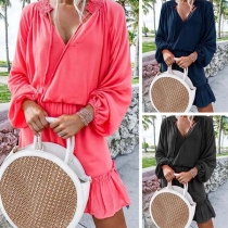 Fashion Long Sleeve V-neck Ruffle Hem Solid Color Dress