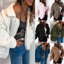 Fashion Solid Color Long Sleeve POLO Collar Plush Coat