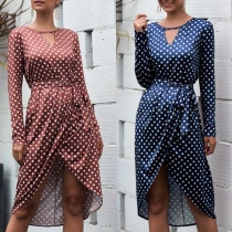 Sexy V-neck Slit Hem Long Sleeve Dots Printed Dress