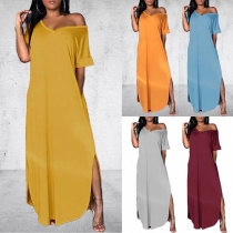 Fashion Solid Color Short Sleeve V-neck Slit Hem Maxi Dress