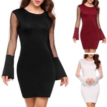 Sexy See-through Gauze Spliced Long Sleeve Round Neck Slim Fit Dress