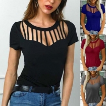 Sexy Short Sleeve Round Neck Hollow Out T-shirt 