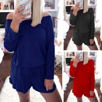 Fashion Boat Neck Long Sleeve Solid Color Romper