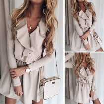 Sweet Style Long Sleeve Ruffle V-neck Solid Color Dress
