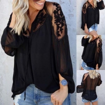 Sexy Lace Spliced Long Sleeve V-neck See-through Chiffon Top