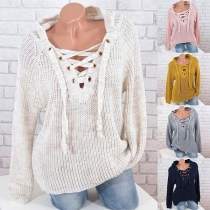 Sexy Lace-up V-neck Long Sleeve Solid Color Sweater