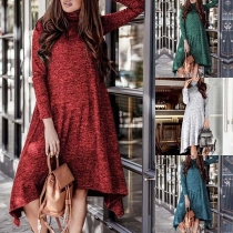 Fashion Solid Color High Collar Irregular Hem Long Sleeve Dress