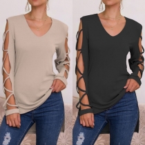 Sexy Hollow Out Long Sleeve V-neck High-low Hem T-shirt 