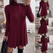 Fashion Solid Color Long Sleeve High Collar Dress