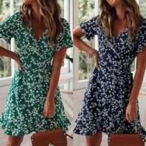 Fresh Style Short Sleeve V-neck Ruffle Hem Printed Dress
