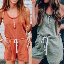 Fashion Solid Color Sleeveless Drawstring Waist Romper