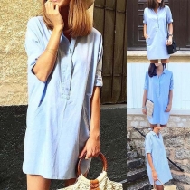 Fashion Short Sleeve POLO Collar Loose Denim Dress