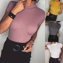 Fashion Solid Color Short Sleeve Mock Neck Slim Fit T-shirt