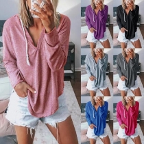 Fashion Solid Color Long Sleeve Hooded Loose T-shirt 