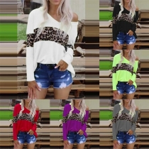 Fashion Leopard Spliced Long Sleeve V-neck T-shirt 