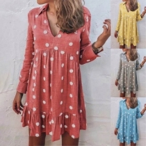 Fashion Long Sleeve V-neck Dots Printed Dress