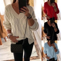 Fashion Solid Color V-neck Slit Hem Sweater 