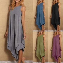 Fashion Sleeveless Round Neck Irregular Hem Solid Color Dress
