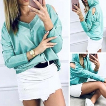 Fashion Solid Color Long Sleeve V-neck Hollow Out Hoodie