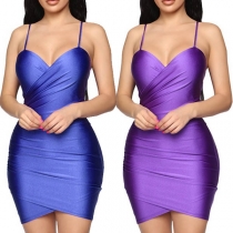 Sexy Backless V-neck Solid Color Sling Tight Dress