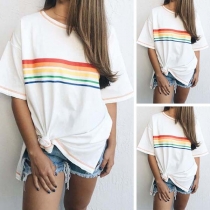 Casual Style Short Sleeve Round Neck Contrast Color T-shirt 