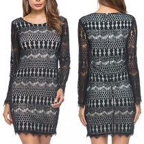 Fashion Lace Spliced Long Sleeve Round Neck Slim Fit Dress