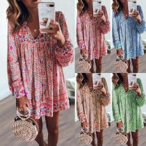 Fresh Style Long Sleeve V-neck Loose Printed Dress