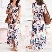 Sexy V-neck Short Sleeve High-low Hem Printed Maxi Dress