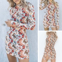 Fashion Long Sleeve Mock Neck Slim Fit Printed Dress