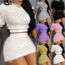 Sexy Short Sleeve Plush Crop Top + Skirt Two-piece Set 