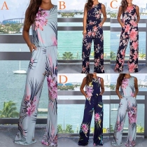 Fashion Sleeveless Round Neck High Waist Printed Jumpsuit(It runs big)