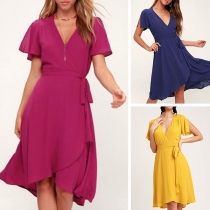 Sexy V-neck Short Sleeve V-neck High Waist Solid Color Dress