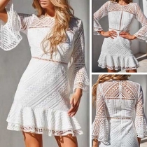 Sexy Trumpet Sleeve Round Neck Ruffle Hem Hollow Out Lace Dress