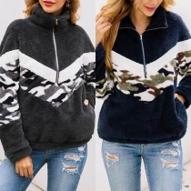 Fashion Camouflage Spliced Long Sleeve Stand Collar Plush Coat 