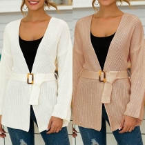 Fashion Solid Color Long Sleeve Knit Cardigan with Waist Strap