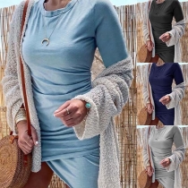 Fashion Solid Color Long Sleeve Round Neck Irregular Hem Slim Fit Dress