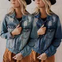 Fashion Long Sleeve POLO Collar Ripped Denim Coat 